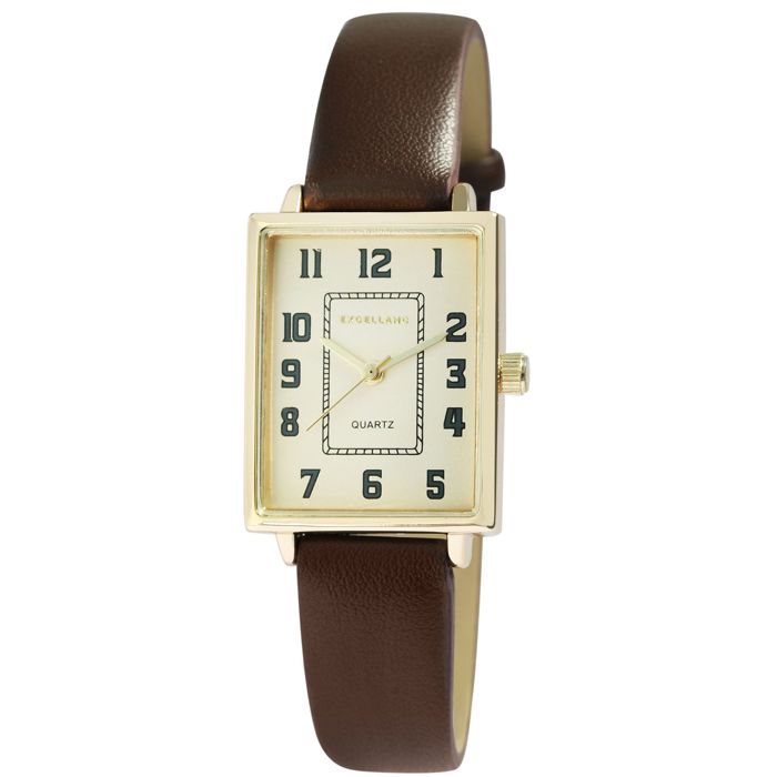 Montre bracelet - EXCELLANC - Excellanc Femme - Boîtier rectangulaire doré - Bracelet simili cuir marron - Quartz PC21