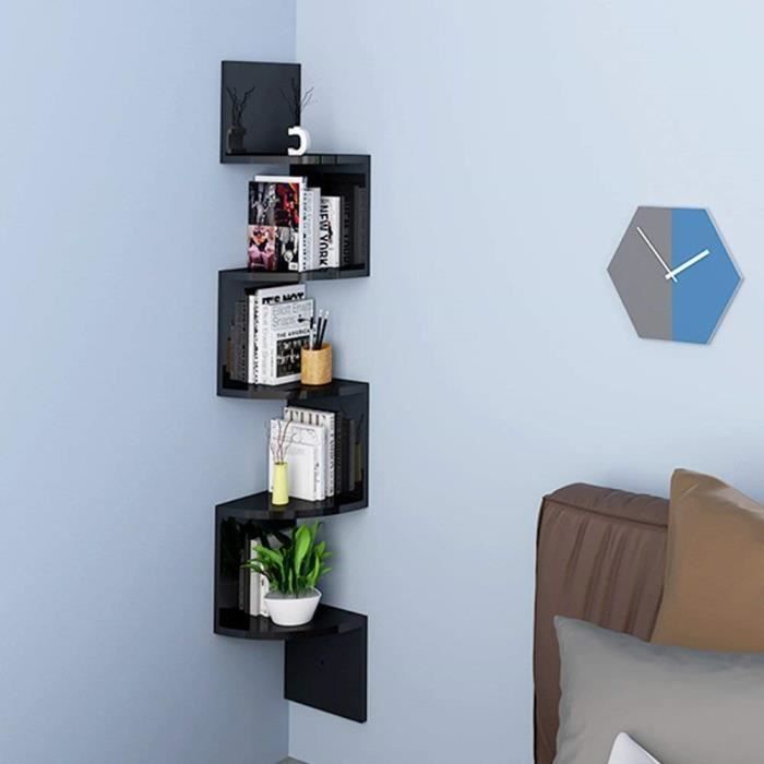 etagère d'angle homfa - meuble de rangement suspendu en bois - noir - 20x20x123cm