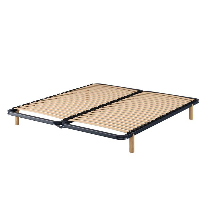 Sommier à Lattes 140x190 Cm - Cadre Métal Et Lattes Peuplier - Pieds Inclus - Renfort Central Réglable - Supporte Jusqu'à 300 Kg