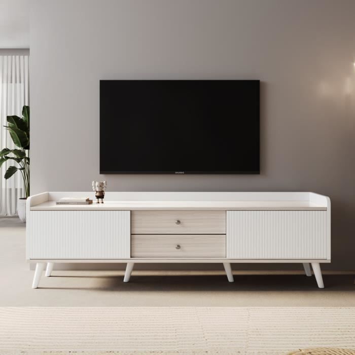 Meuble TV - Banc TV 160 cm avec 2 tiroir 2 portes coulissantes rayées - Pièds en bois massif - Désign industriel - blanc + beige