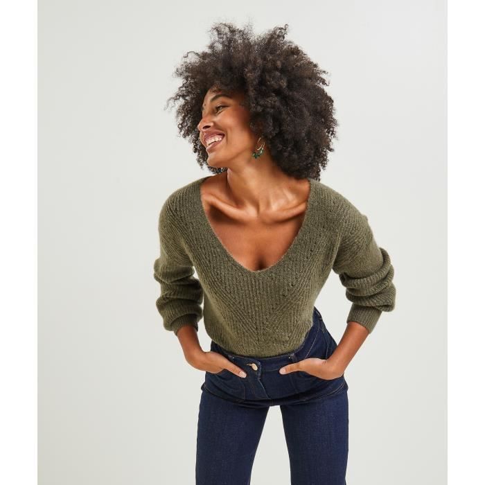Pull col discount v kaki femme
