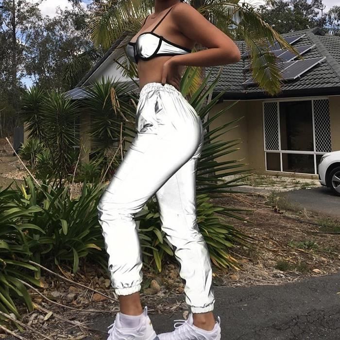 Pantalons Hommmes De Jogging Reflechissant Flash Femme Streetwear Gris Solide