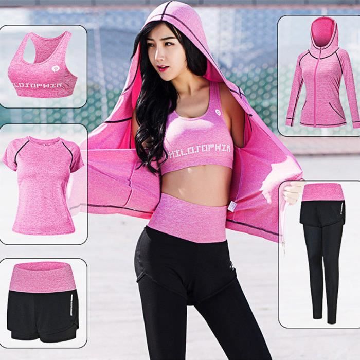 ensemble de vetements de sport femmes 5 pieces soutien gorge t shirt veste short pantalon tenue femme de yoga gym jogging rose 5 pieces cdiscount sport