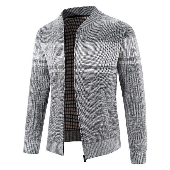 Gilet Zipp?� en Tricot Homme Chaud Doubl?� Polaire Cardigan Epais Col Officier Manches Longues 