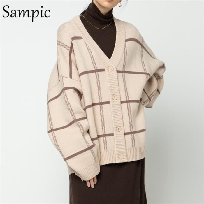 Gilet Cardigan Femme cardigan a carreaux marron pour femme Vintage ample surdimensionne Pull tricote decontracte Beige D7795 Blanc Cdiscount Pret a Porter