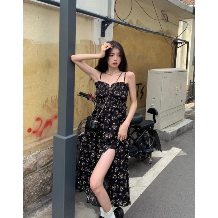 Robe Robe noire longue sans manches pour femmes tenue de mode coreenne minimaliste Design imprime pour femmes Black sling Blanc Cdiscount Pret a Porter