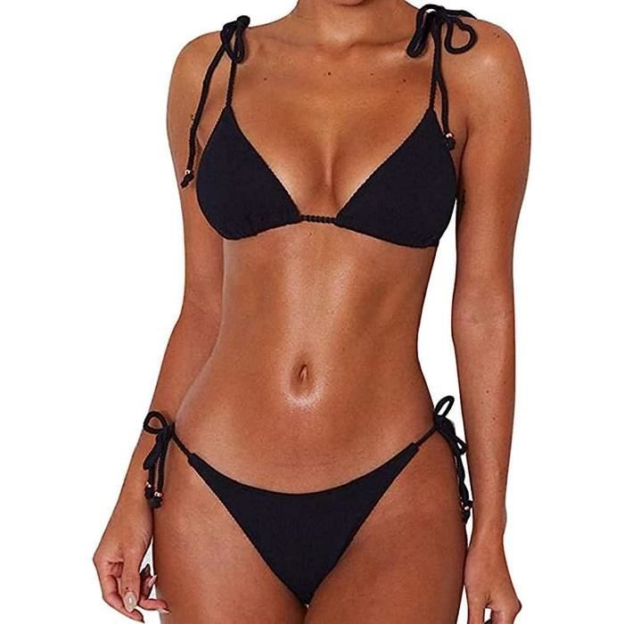 Femmes Maillot De Bain Deux pieces Ficelle de Cravate Halter Bikini Rembourre Reglable Triangle Bikini Classique Noir Noir Cdiscount Pret a Porter