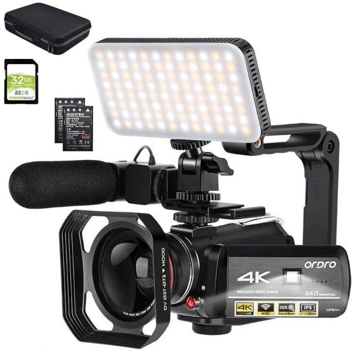 Caméscope ORDRO Caméra Vidéo de Vision Nocturne IR 4k Enregistreur Vidéo WiFi 1080P 60FPS avec Microphone, Lampe Vidéo LED, Objectif