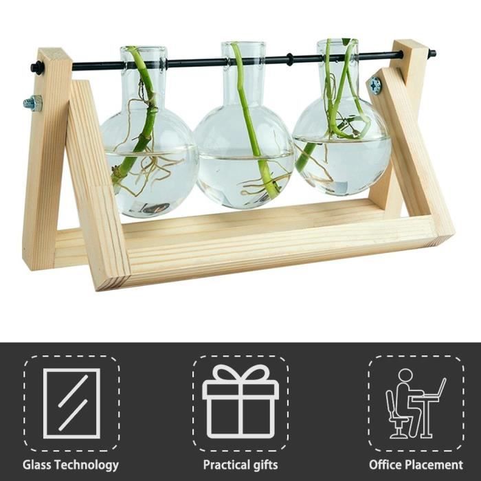 Vase à Ampoule Hydroponique Avec Support En Bois Massif - Base Rétro, Tige Métal Rotative, 3 Ampoules En Verre, Décoration Bureau, Maison