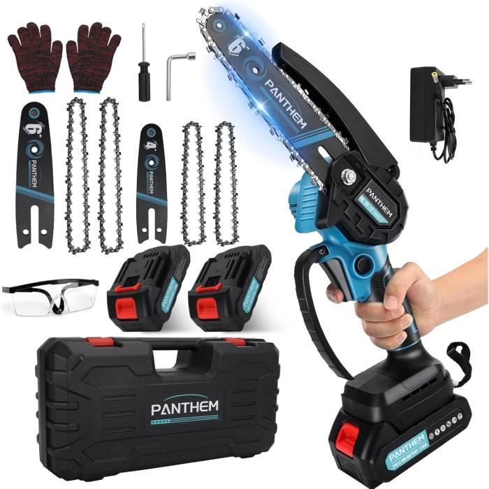Tronçonneuse électrique Sans Fil 6 Pouces - 600W Moteur Brushless - Batterie 4000mAh - Coupe Branches Jusqu’à 12 Cm