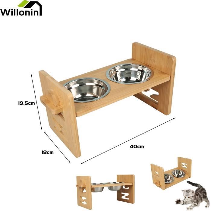 Comparer les prix de Willonin® Set de 2 gamelles Surélevée en inox, Etagère pour chat et chien en bois, Hauteur Réglable 40 x 18 x 19.5 cm ZCY