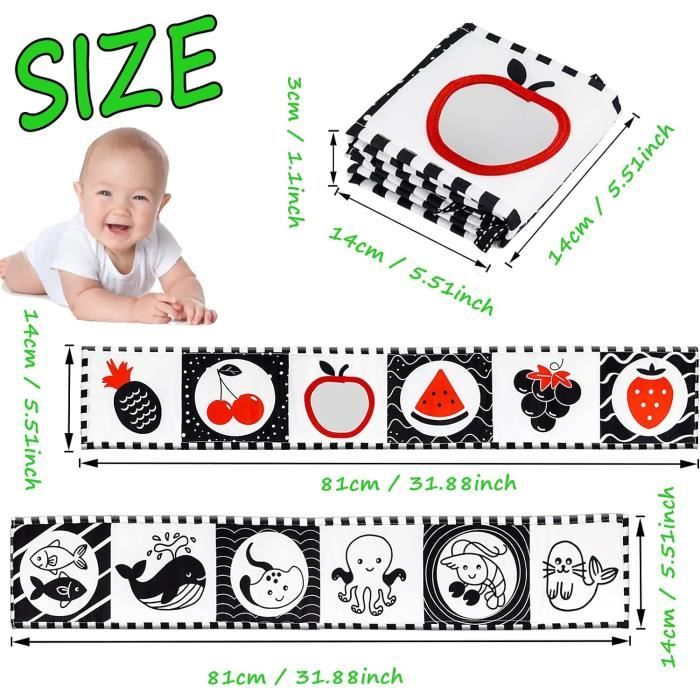 Livres pour bébés Développement précoce Sensoriel Tissu de bébé Livre Jeux  de bébé Noir Blanc Livres Jouets pour bébés 0 12 mois 1 2 ans