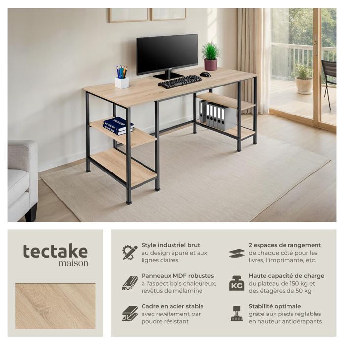 TecTake Table Bureau Design Industriel Bois & Acier 140x60cm - Parfait Télétravail