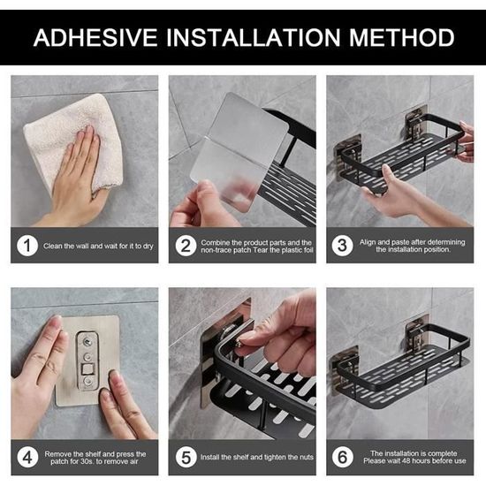 Étagère De Douche Sans Perçage, étagère De Salle De Bain Noire, Rangement En Aluminium Avec 4 Crochets Et 6 Autocollants, étagère De Salle De Bain Sans Perçage Ni Perçage, étagère De Douche