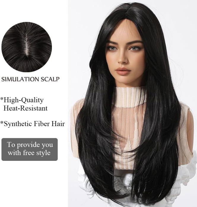 Perruque Longue Ondulée Noire 70cm – Fibre Synthétique Résistante à La Chaleur – Pour Cosplay, Fête, Quotidien