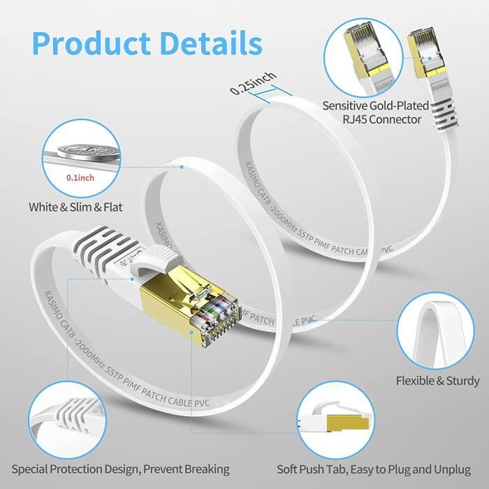 AJW-Câble Ethernet Cat 8 Plat Câble RJ45 Avec Connecteurs Plaqués Or ...