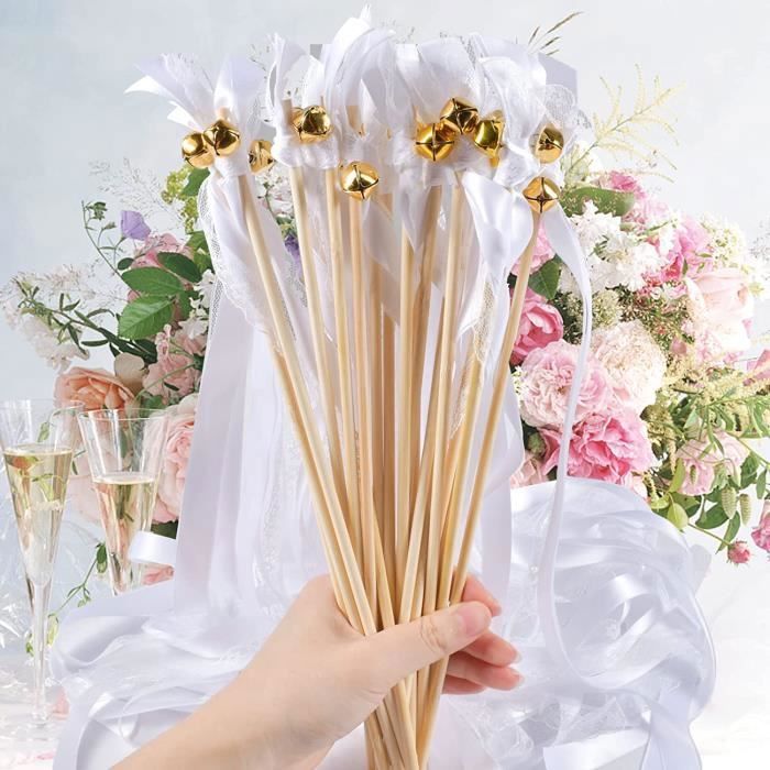 50 Baguettes De Mariage Avec Rubans Champagne Et Clochettes - En Bois Et Dentelle, Pour Ambiance Romantique Mariage, Anniversaire, Fête Baguette Ruban Mariage