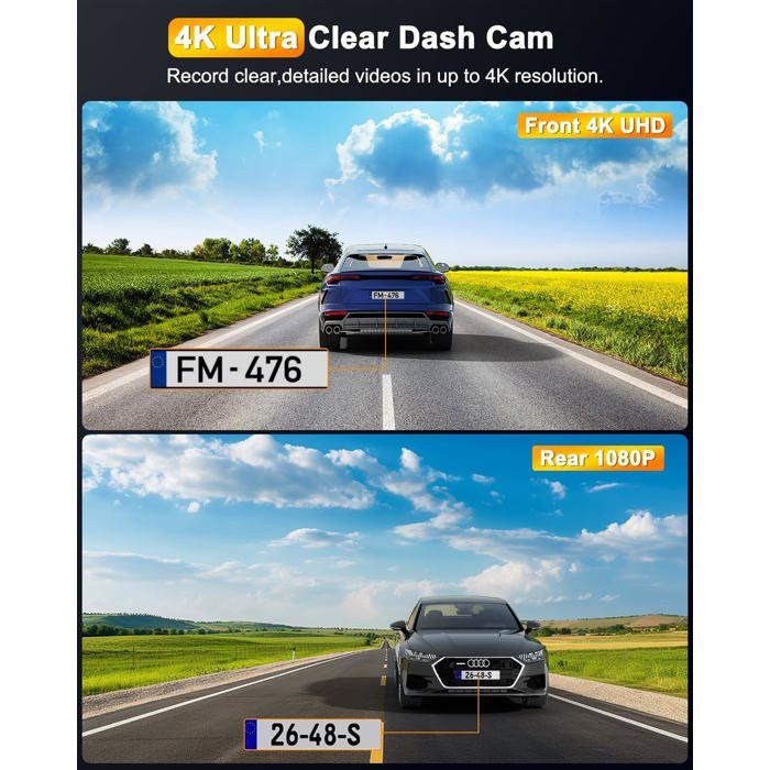 Dashcam Voiture 3 Canaux 4K UHD - Caméra Avant Arrière Intérieur WiFi GPS Carte 64Go Inclus