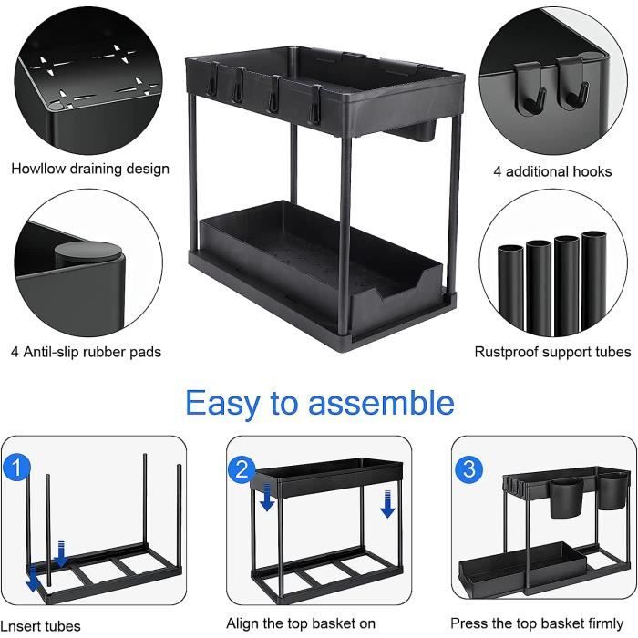 Étagère Sous évier 2 Niveaux Coulissante - Rangement Cuisine Salle De Bain - Noir, Grande Capacité, Facile à Monter