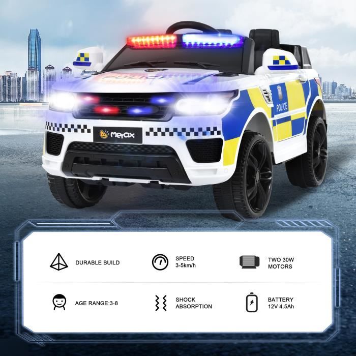 Voiture de police électrique 2x 30W - marche AV/AR, Gyrophares et Mégaphone