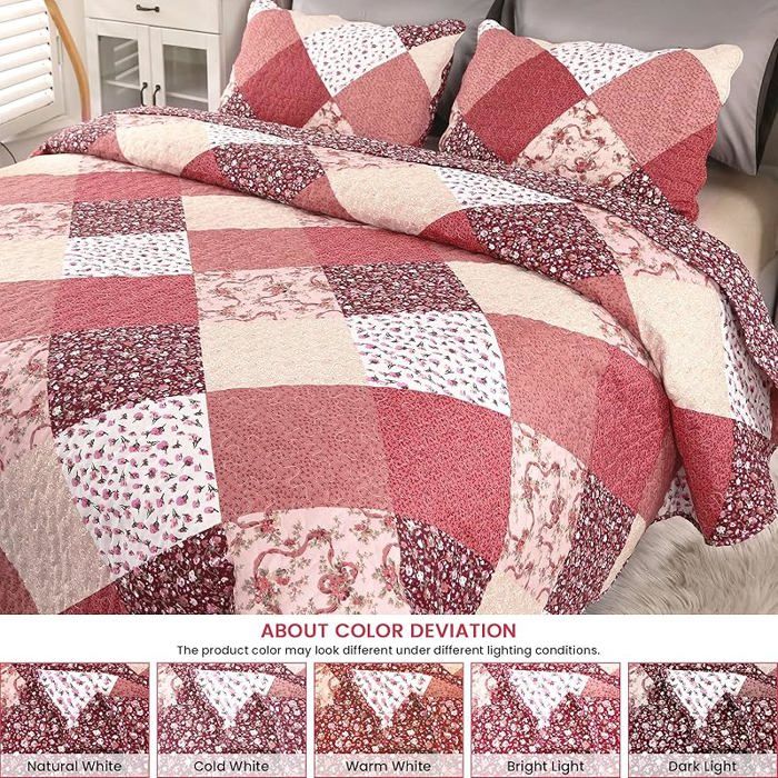Couvre-Lit Matelassé King Size 250x270cm + 2 Taies D'Oreiller - Coton - Rose - Décoratif Et Pratique - 10