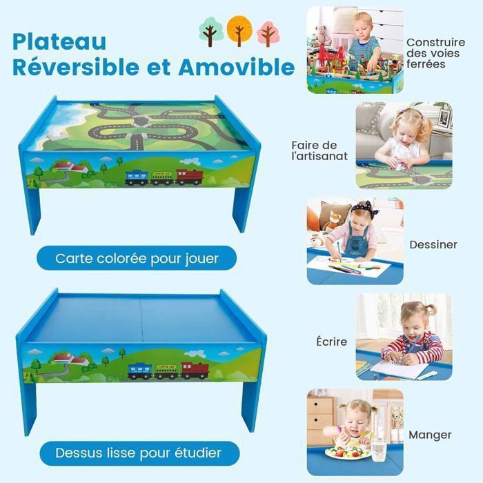 Table Jeu Train Costway Circuit Train Bois 100 Pièces COSTWAY - Table Jeu Enfant 78x63cm Avec Tiroir Jeu Construction 100 Pièces Table Activités