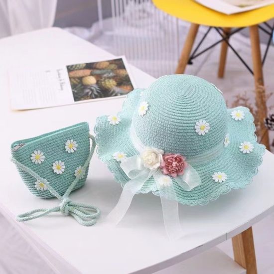 Set Protection Solaire Fille - Chapeau De Paille, Lunettes De Soleil Et Petit Sac - Rose Avec Fleurs - Pour Enfants 3-8 Ans