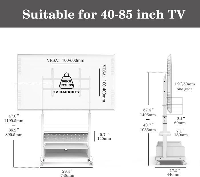 Support TV Mobile électrique DQ - Réglable En Hauteur Pour TV 37 à 85", Charge 70kg, 3 étagères, Prise Intégrée