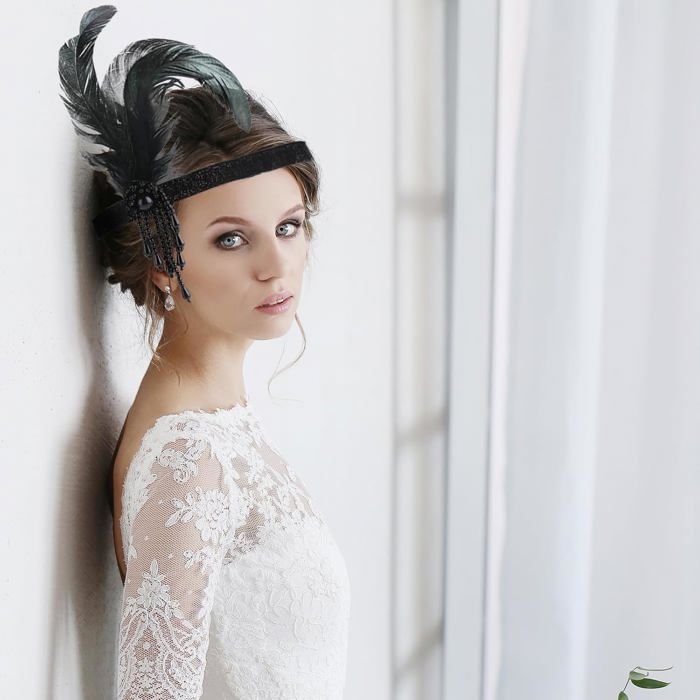 1920S Flapper Headpiece, 2 Pcs Feather Headband Bling Rhinestone Hair ...