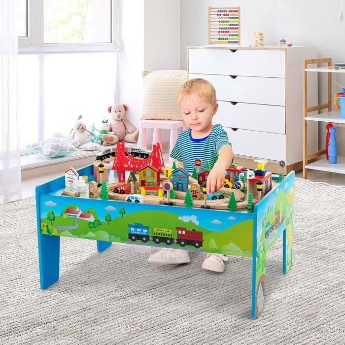 Table Circuit Train Bois SucceBuy, avec 290 Briques de Construction 30 Accessoires, Ensemble Rail de Train