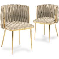 TRECY - Lot de 2 chaises en velours tressé beige et pieds dorés