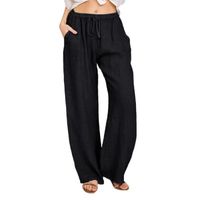 Femme Pantalon en Lin Été Pantalon Fluide Léger avec Poches Pantalon Large Casual Décontracté  -   Noir
