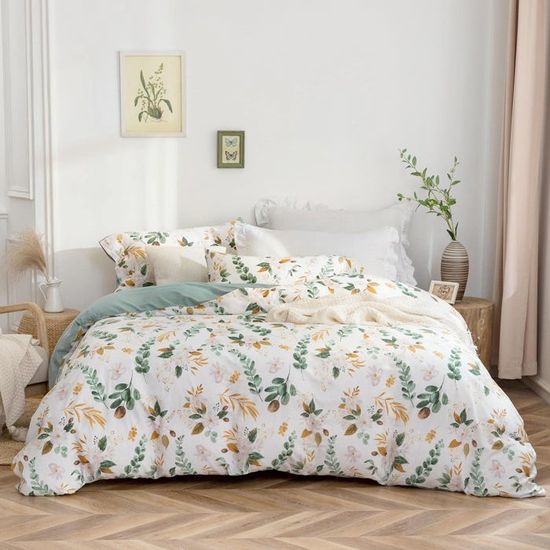 Homemissing Fleurs Parure Housse de Couette Enfants Violette Fleurs Coton Housse de Couette Botanique Parure de Lit 220x240cm pour Violette Blanc Sets de Housse de Couette avec 2 taies d'oreiller
