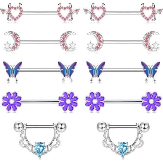 5 Paires Tétons Anneaux Piercing Pour Femmes Mignon Papillon Coeur Barbell Mamelon Piercing