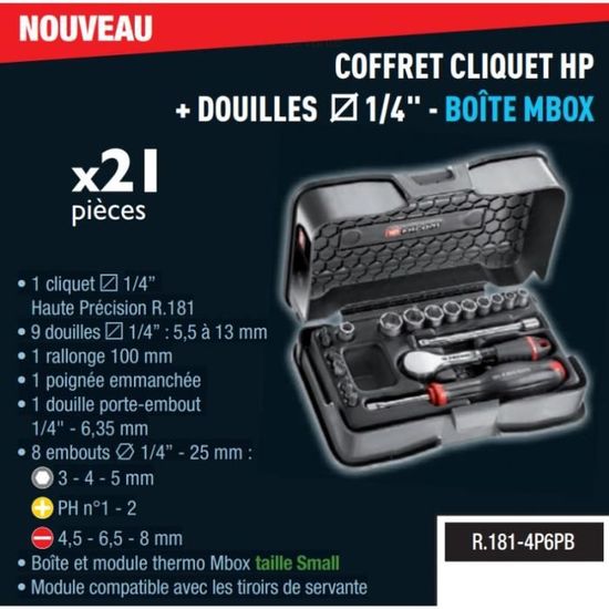 Coffret compact cliquet douilles 1/4 boîte NANO - FACOM RL.NANO1GRPPB