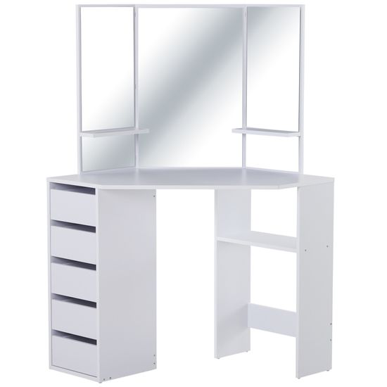 Coiffeuse D'angle Blanche 6 Tiroirs + LED Coiffeuse Moderne Maquillage Coiffeuse Femme Coiffeuse Chambre