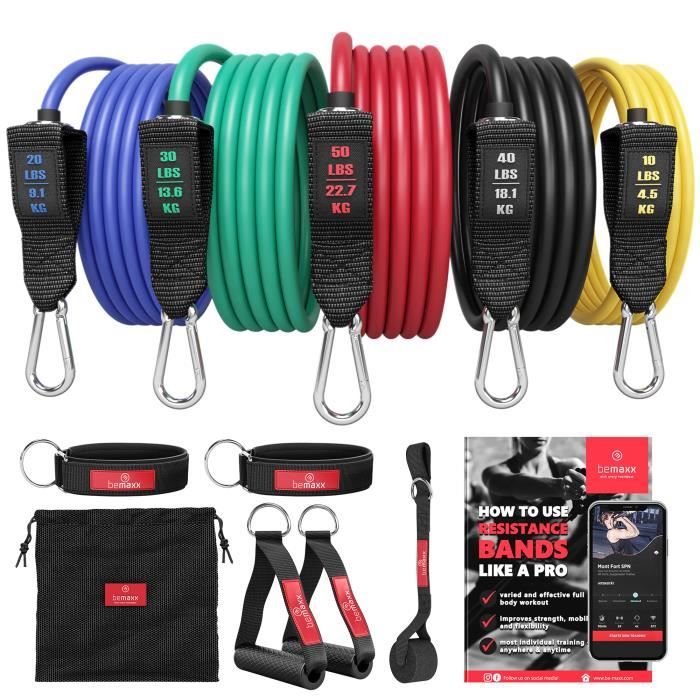 Set de Bandes de résistance élastiques + Guide d'exercices – 5 Tubes en Latex Professionnels | Entraînement Muscles Bras, Dos, Jambe