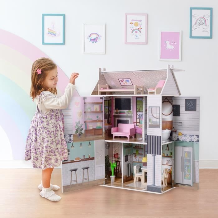 Maison de poupée en bois enfant 3 étages avec 13 accessoires mobilier blanche multicolore Farmhouse Olivia’s Little World TD-13632A