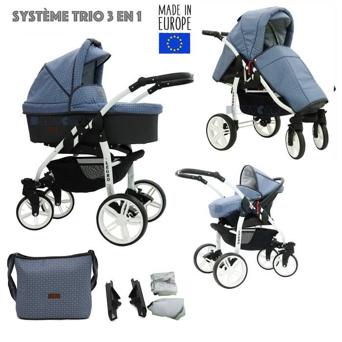 Graphite-Bleu LEGRO Trio Poussette - Landau 3en1 Combinée avec siège auto, ROUES PIVOTANTES LB11