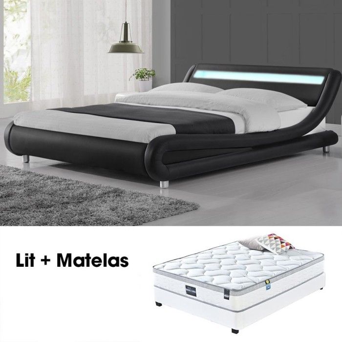 Lit led design Julio Noir 160cm avec Matelas Romance