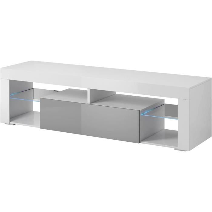 6>E-com Titan Meuble TV Bas avec LED Blanc-Gris 140 cm