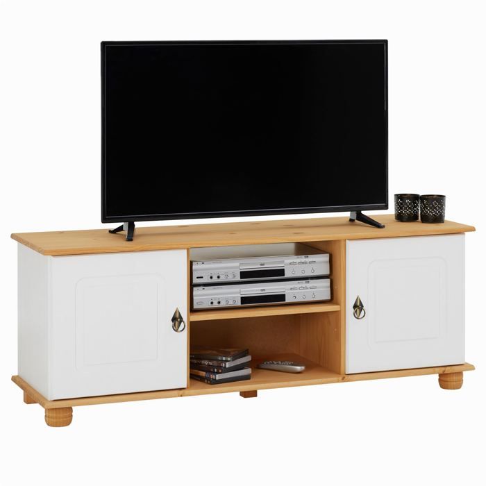 Meuble TV BELFORT banc télévision de 134 cm en bois style campagne avec 2 portes et 2 niches, en pin massif lasuré blanc et brun