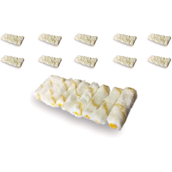 Pack 10 manchons mini rouleaux pattes de lapin rayées jaune - Lot de 10 - Polyamide 100 mm - Peinture plinthes radiateurs