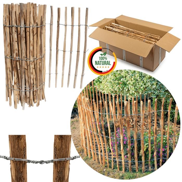 Clôture à lattis en bois de noisetier imprégné - Longueur: 5m, Ecart piquets: 4 à 6 cm, Hauteur: 120 cm