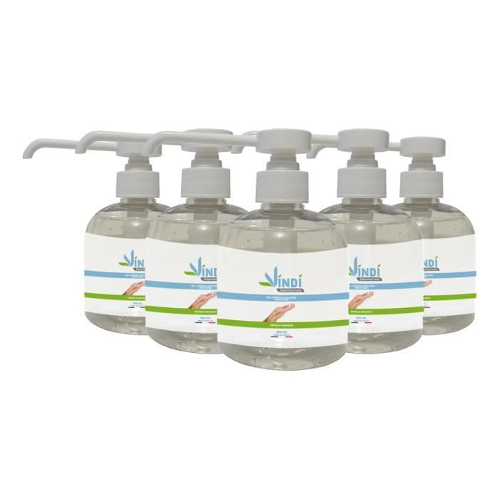 Gel hydroalcoolique mains - Lot de 5 Flacons X 300ml - Fabrication Française - 76% d'alcool - Virucide