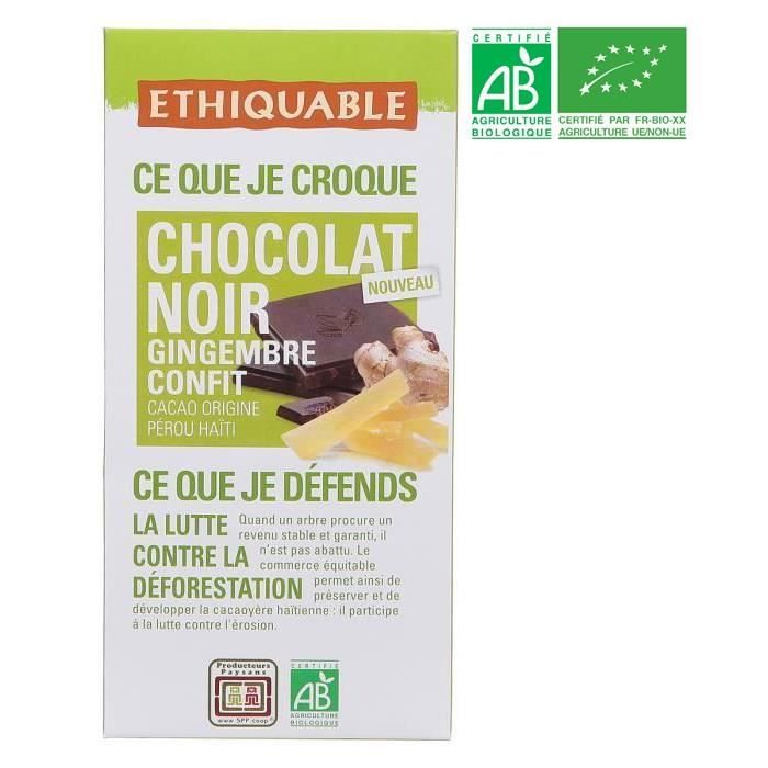 ETHIQUABLE Chocolat Noir au Gingembre Confit Bio - 100g