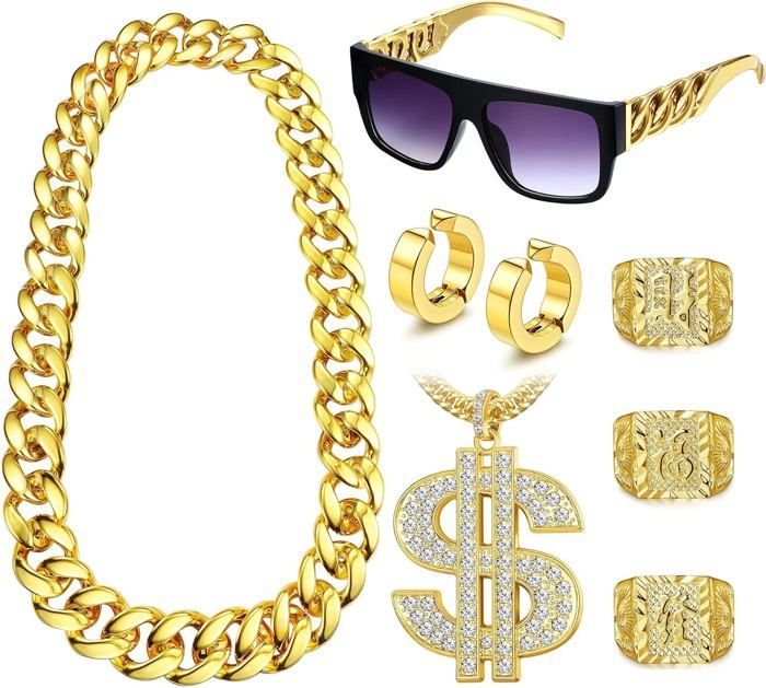 80S 90S Kit De Costume Hip Hop Fausse Chaîne D'Argent En Or Lunettes De ...