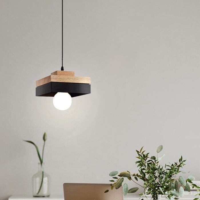SNOGOLD Suspension Moderne Carré en Bois et Métal Noir E27 Lustre Luminaire Éclairage de Plafond pour Maison Salon et Chambre