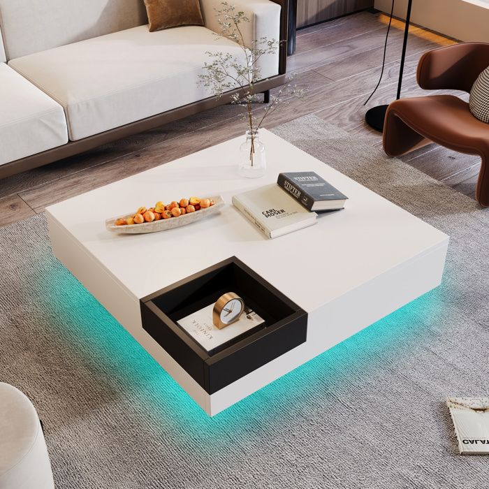 Table basse Salon rangement Tiroir de table dappoint avec lumière LED72x72x30cm Blanc