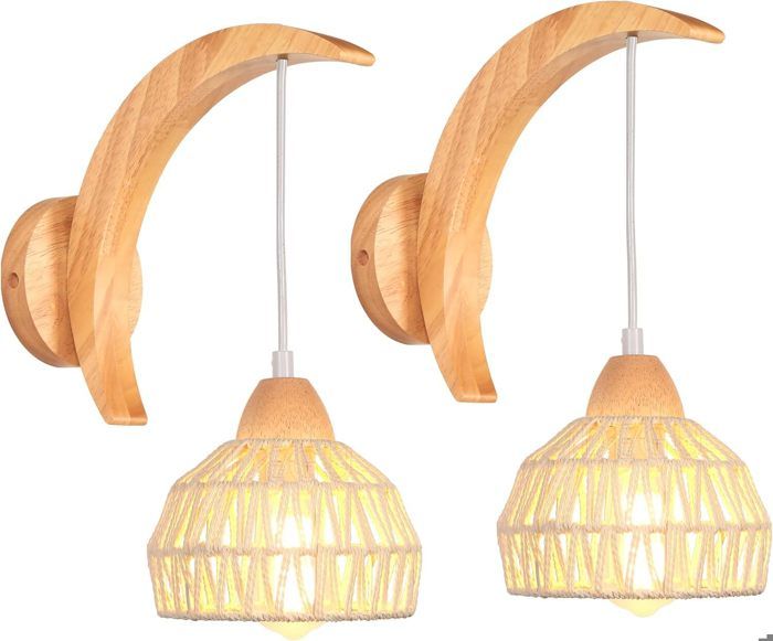 IDEGU 2pcs Applique Murale Réglable en Bois et Rotin Lampe Murale Vintage Design Croissant en Cage avec Suport Lune en Bois Blanc